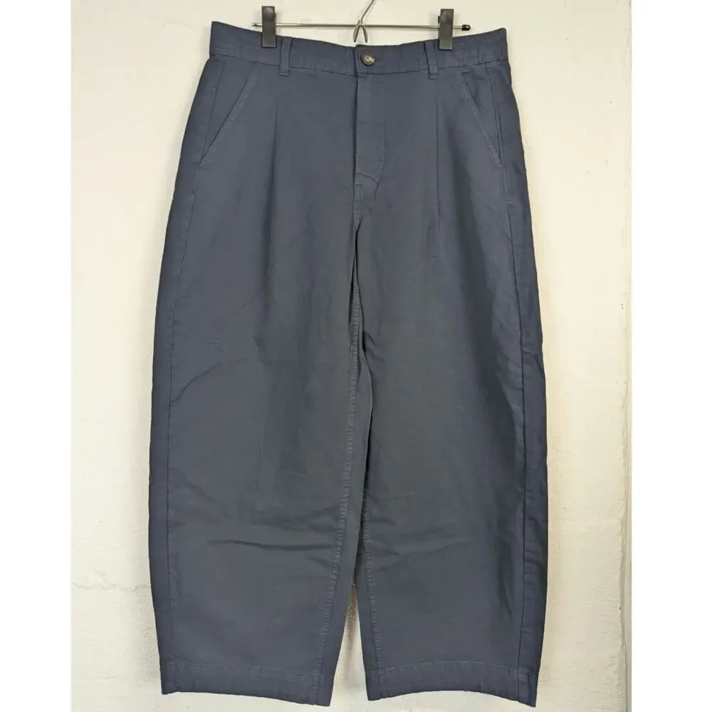 Everlane Barrel Leg Trousers Pants Blue Organic Cotton High Rise Capsule Size 12